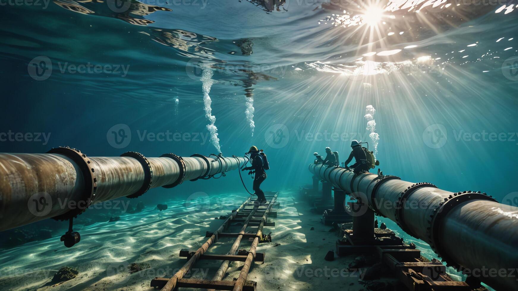 Dive workers are checking and repairing large pipes in the ocean photo
