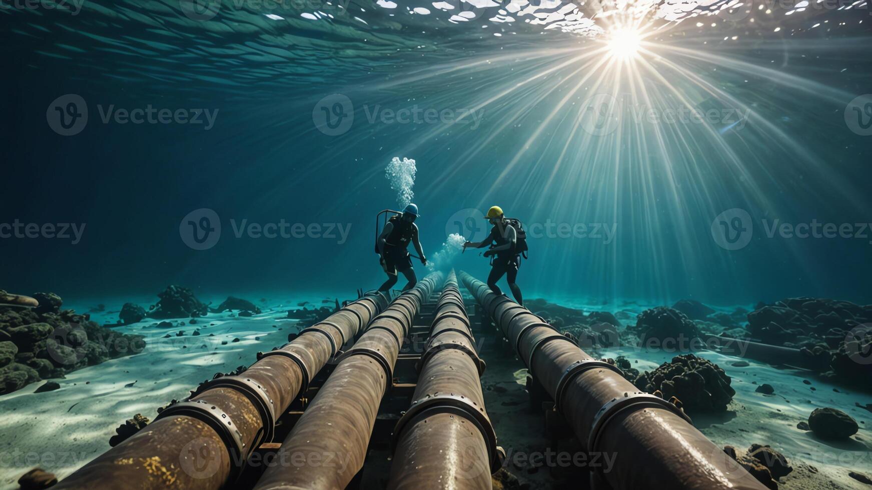 Dive workers are checking and repairing large pipes in the ocean photo