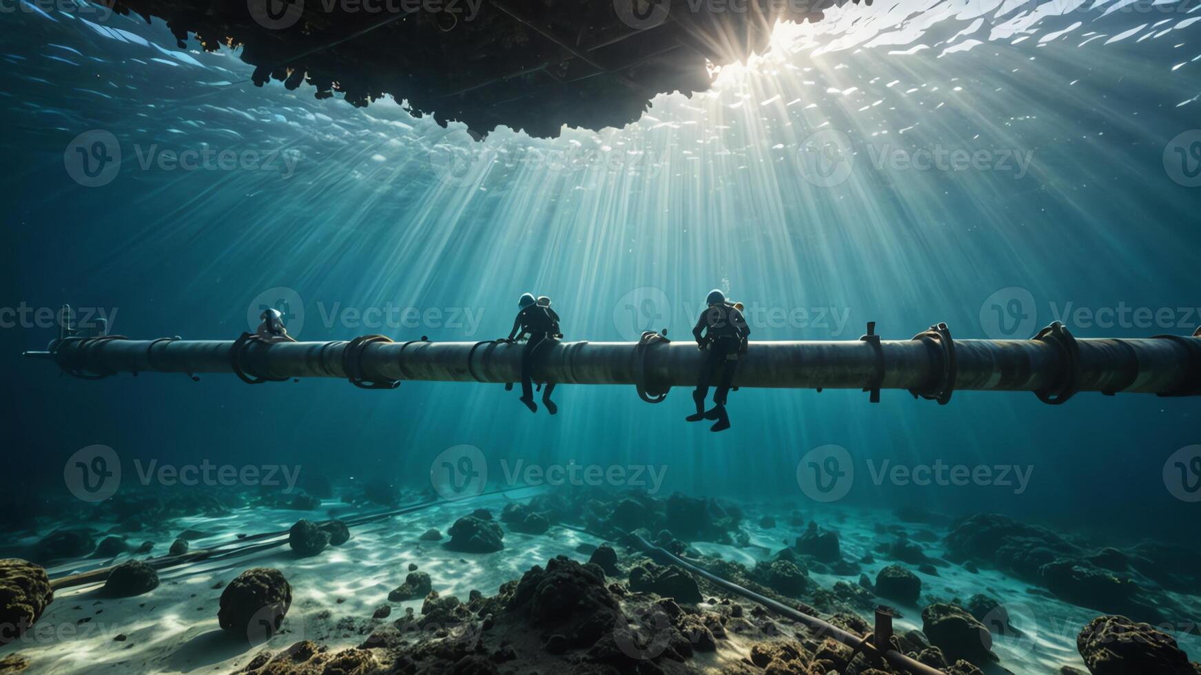 Dive workers are checking and repairing large pipes in the ocean photo