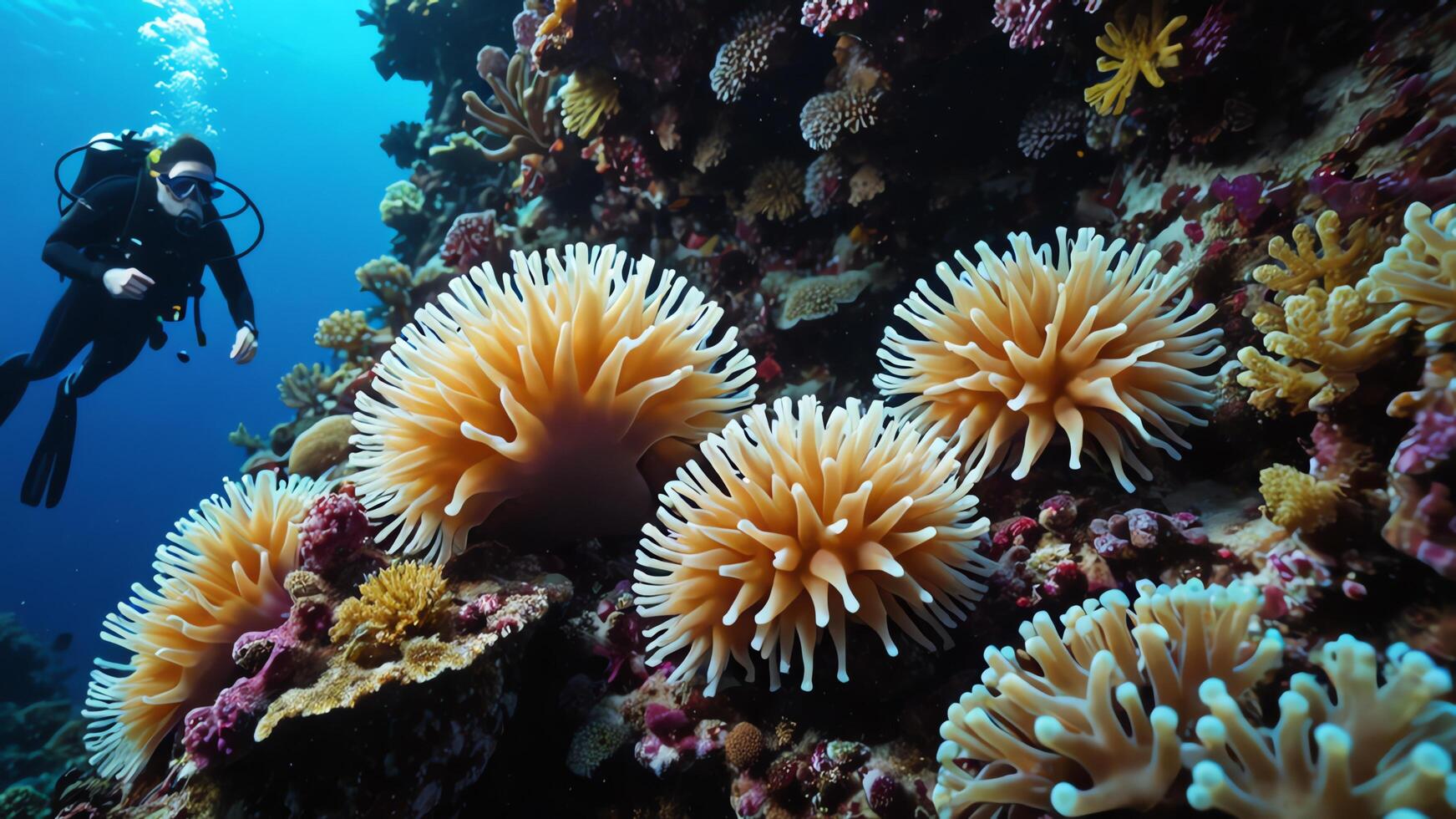 divers explore underwater with beautiful coral reef and underwater views photo