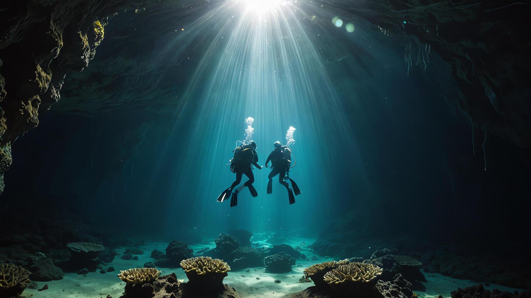 divers are exploring underwater caves, deep sea underwater cave views photo