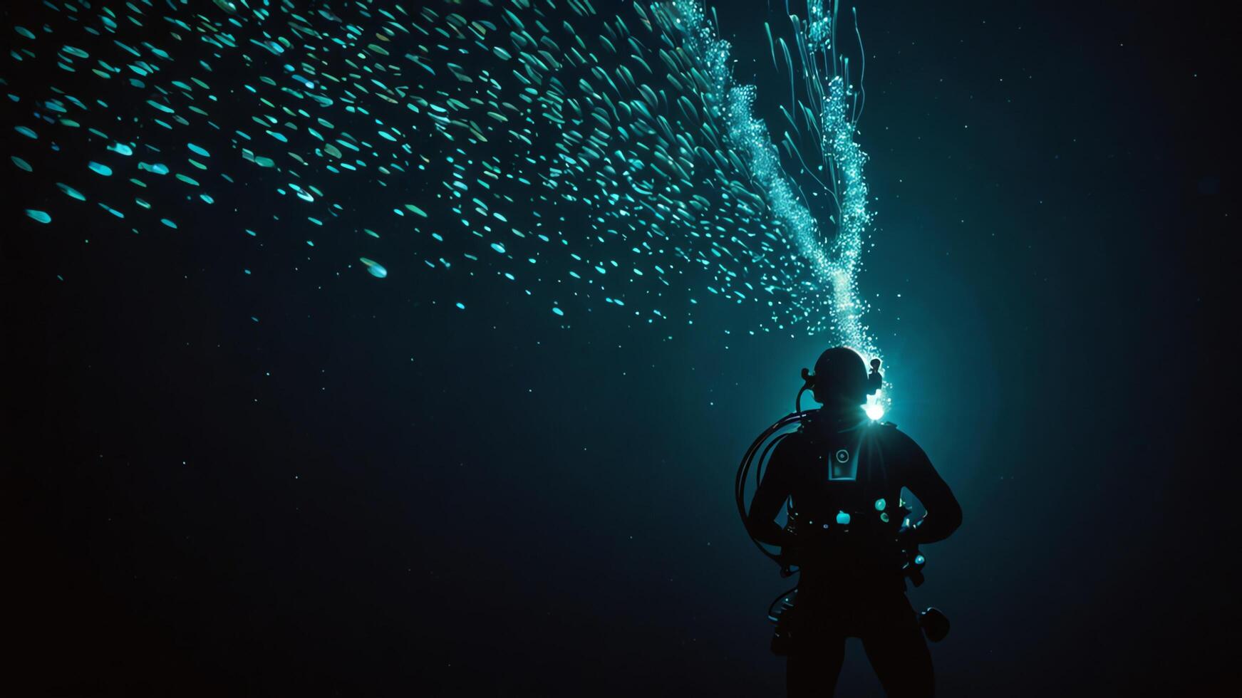 divers under the dark sea with beautiful views of glowing plants photo
