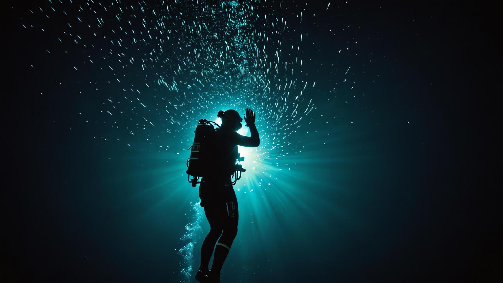 divers under the dark sea with beautiful views of glowing plants photo