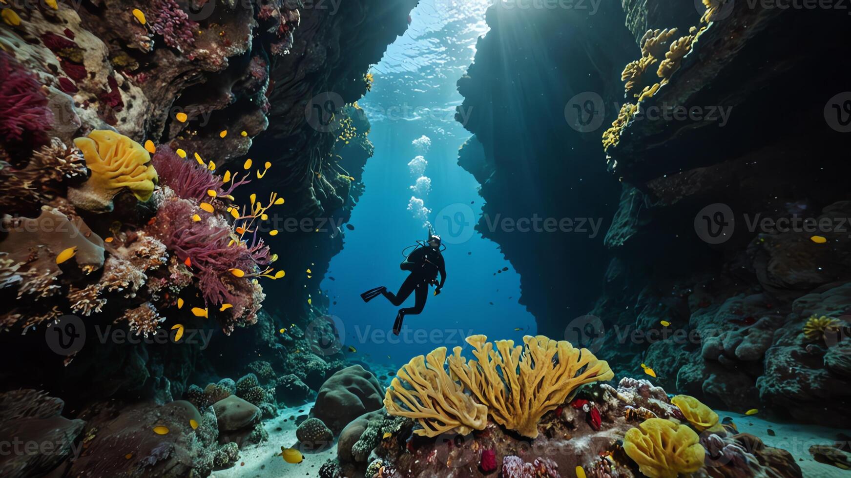divers are exploring underwater cliff, deep sea underwater cliff views photo