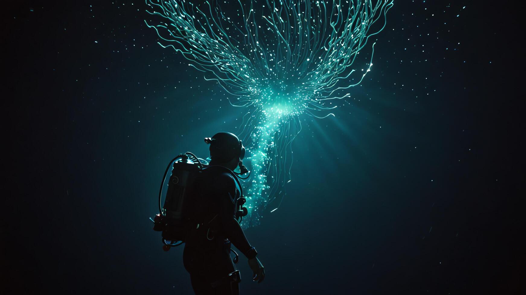 divers under the dark sea with beautiful views of glowing plants photo