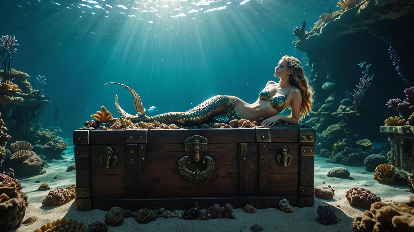a mermaid is sitting on top of a chest in the ocean photo