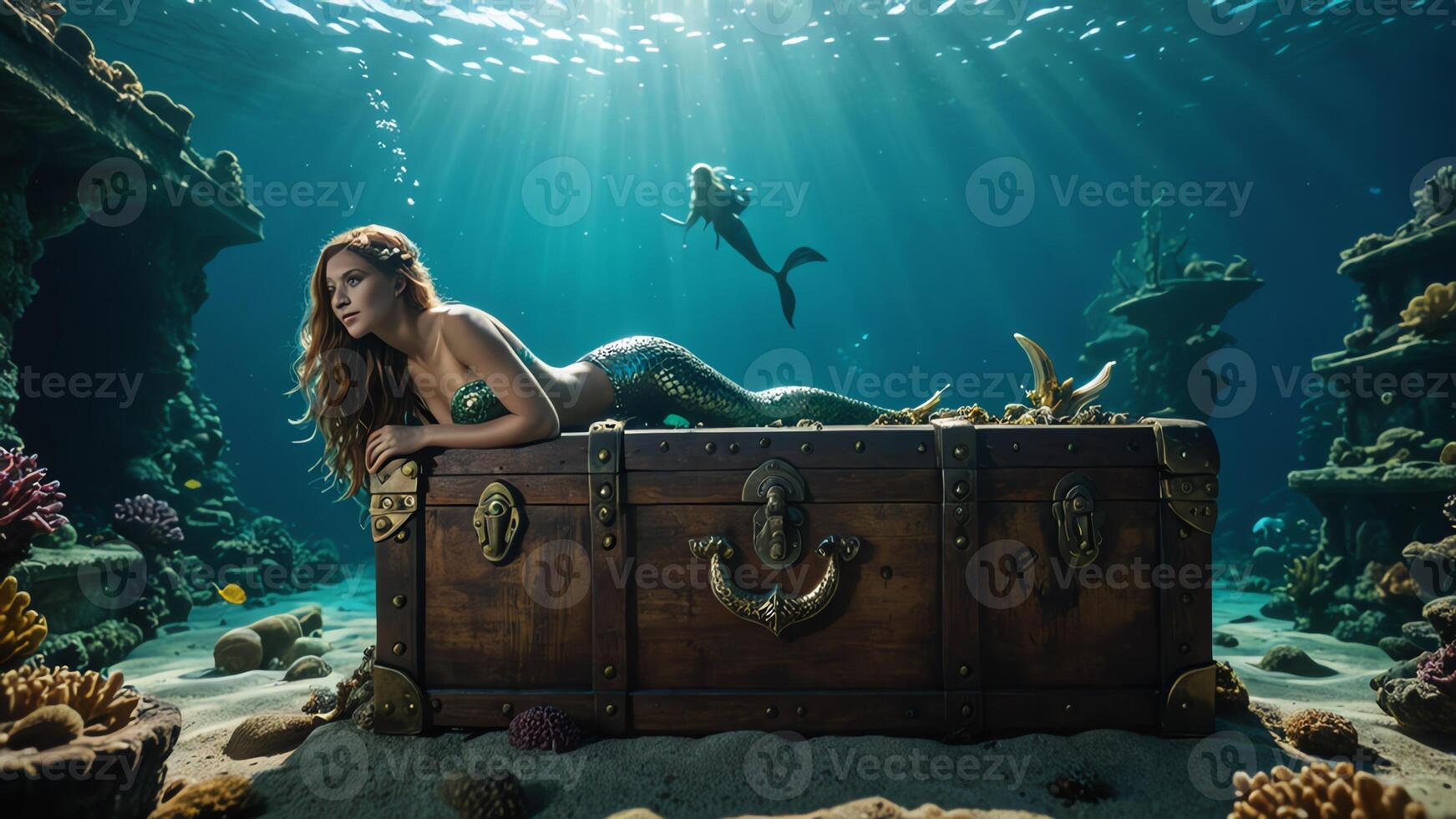a mermaid sitting on top of an old trunk photo