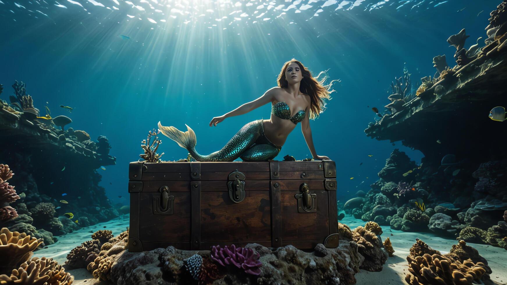 a mermaid sitting on top of an old trunk photo