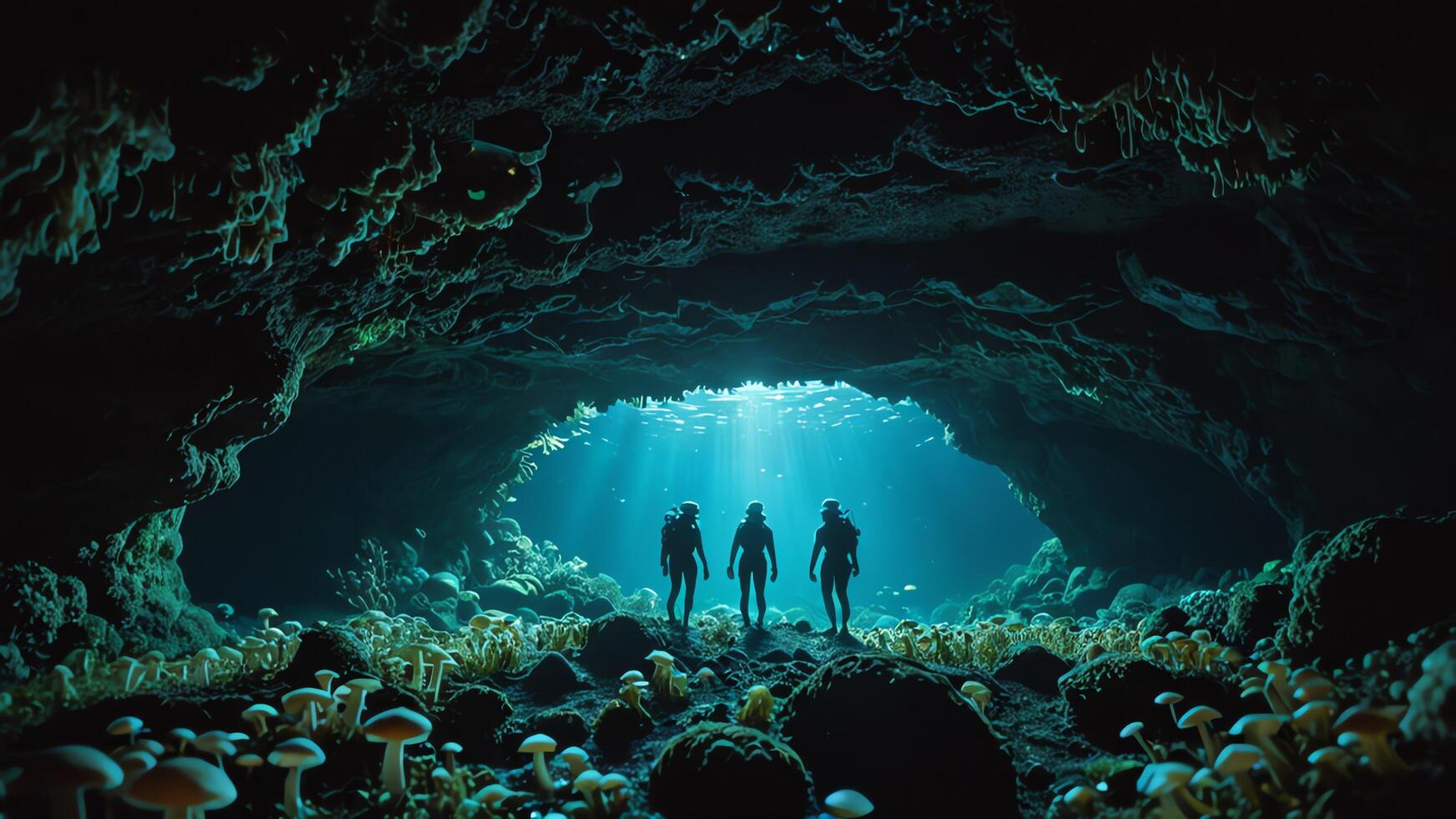 divers are exploring underwater caves, deep sea underwater cave views photo