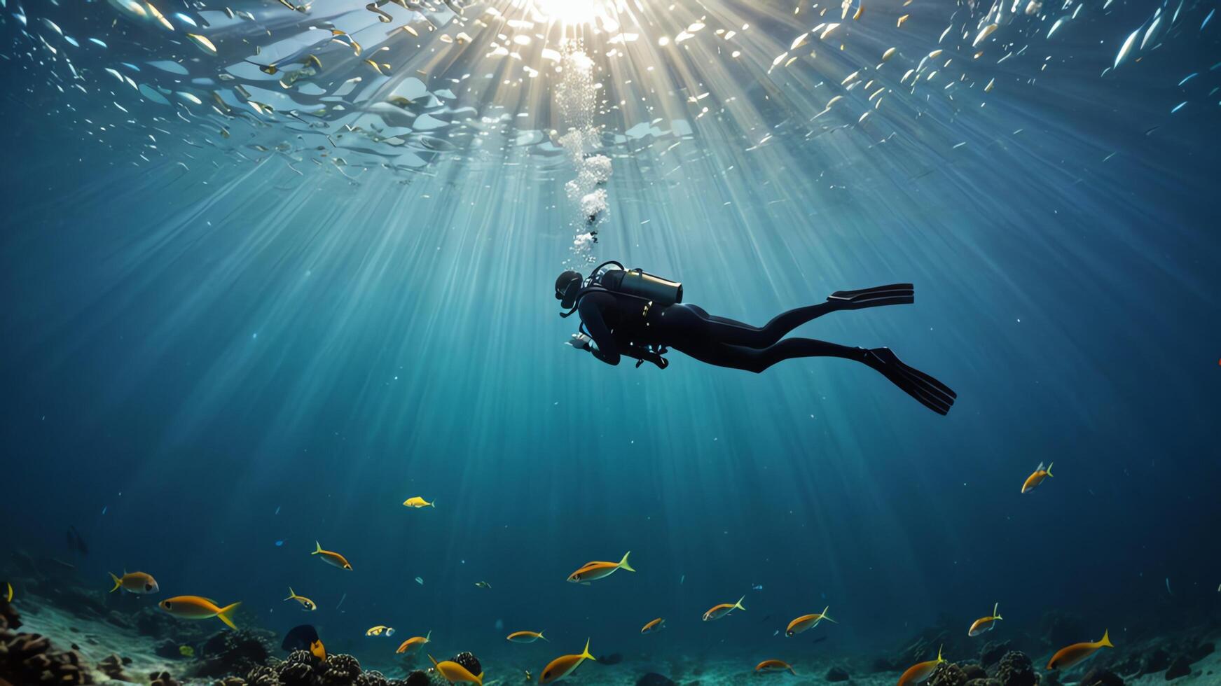 a person swimming in the ocean surrounded by fish photo