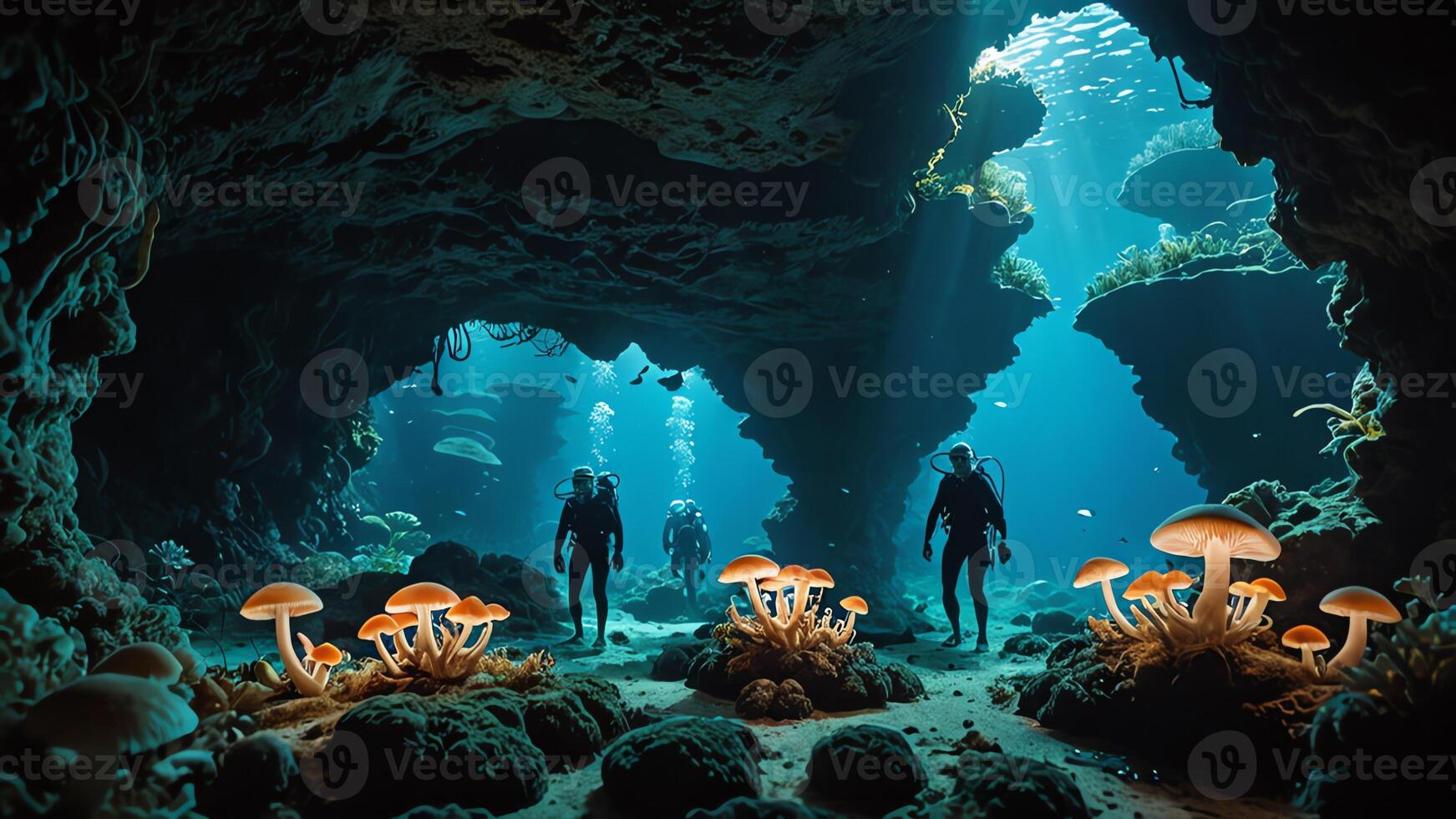 divers are exploring underwater caves, deep sea underwater cave views photo