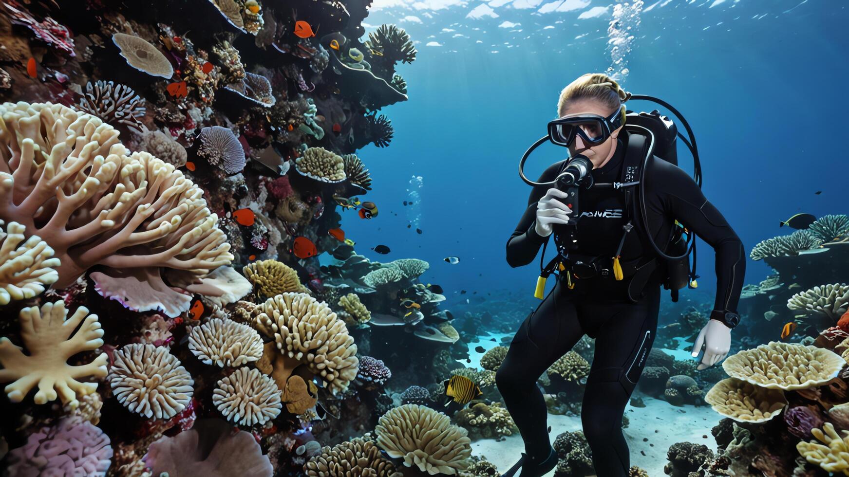 divers explore underwater with beautiful coral reef and underwater views photo