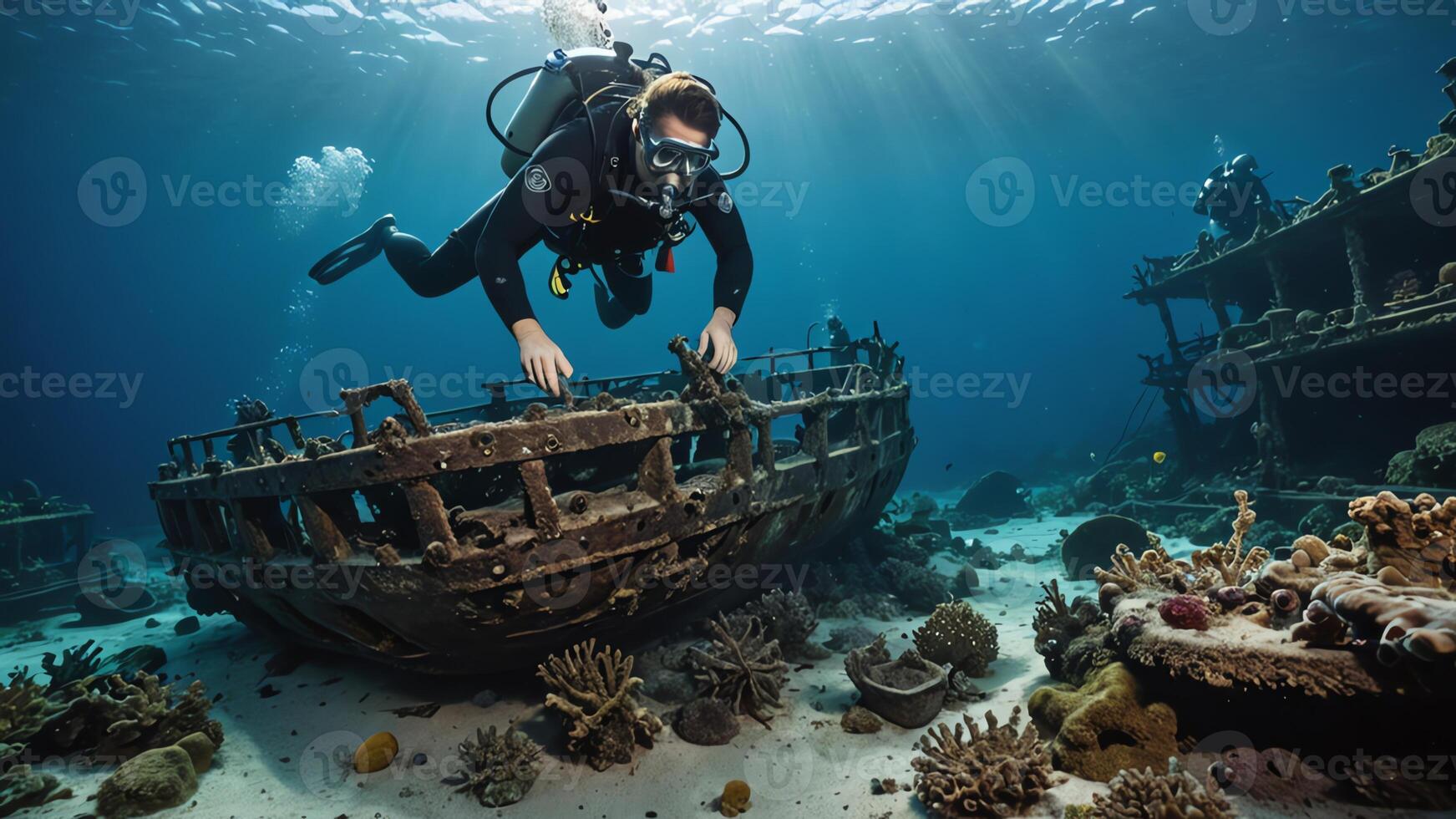 scuba divers are in the water near the wrecks of buildings and sunken objects photo