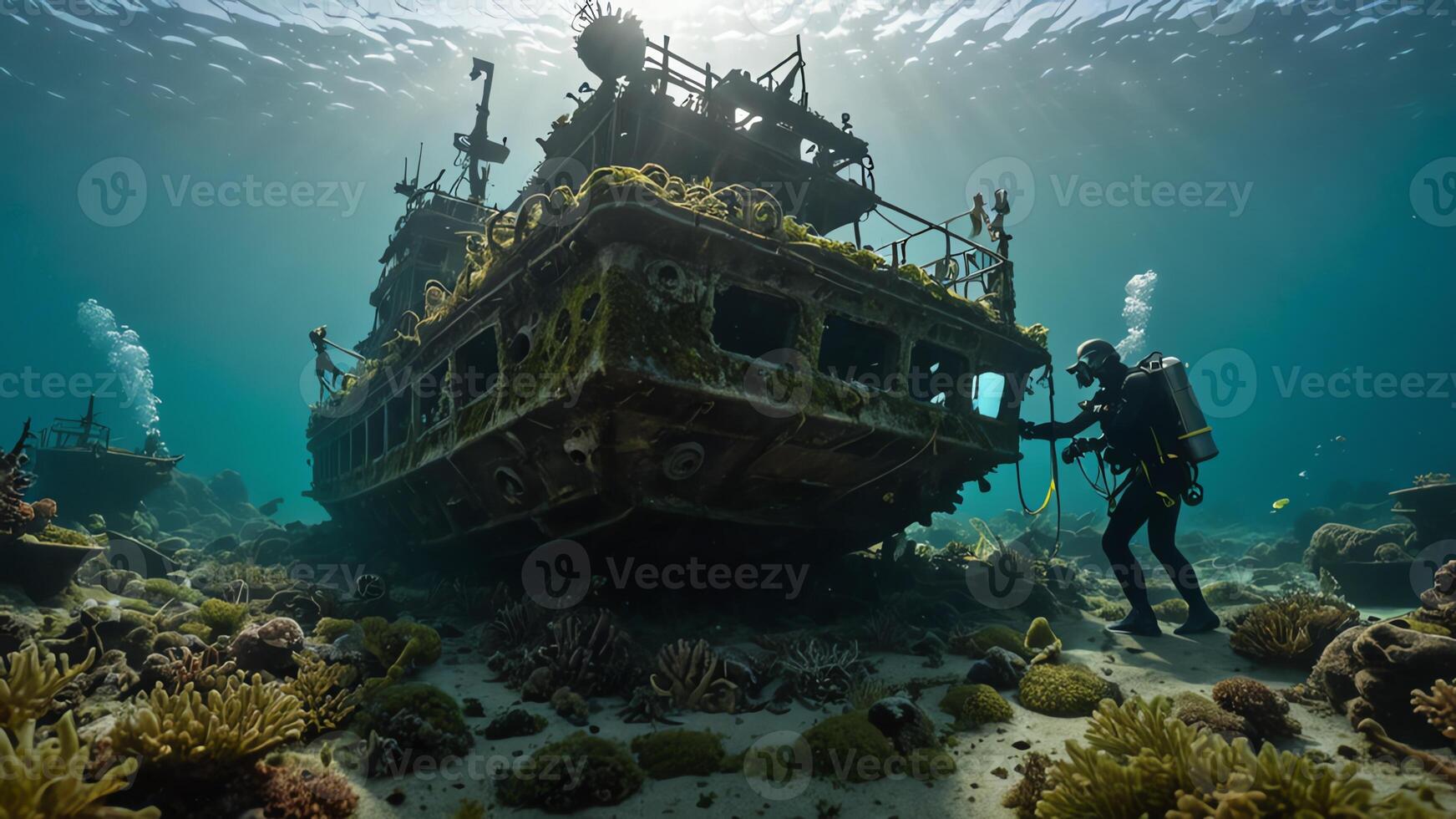 scuba divers are in the water near the wrecks of buildings and sunken objects photo