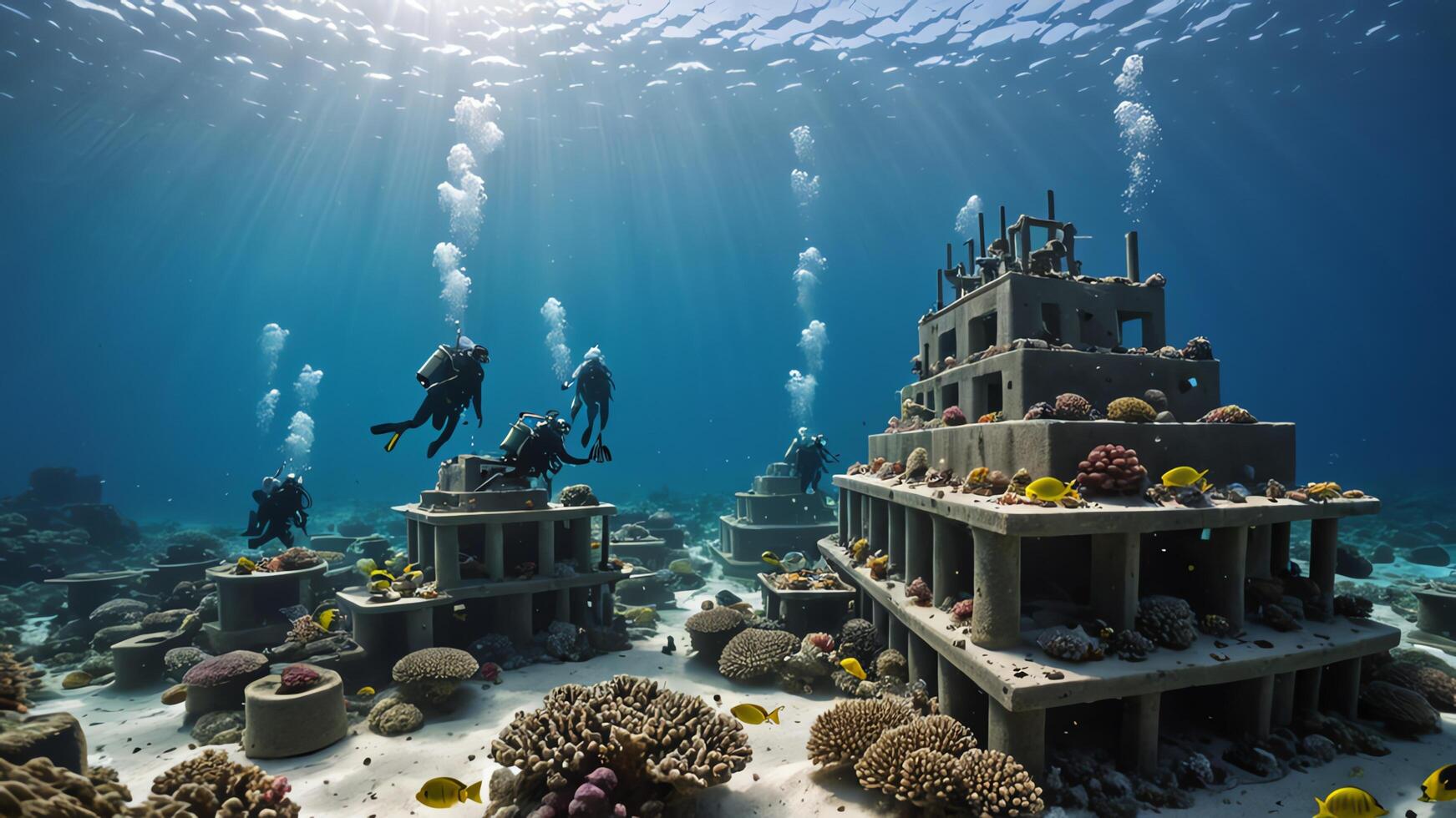 scuba divers are in the water near the wrecks of buildings and sunken objects photo