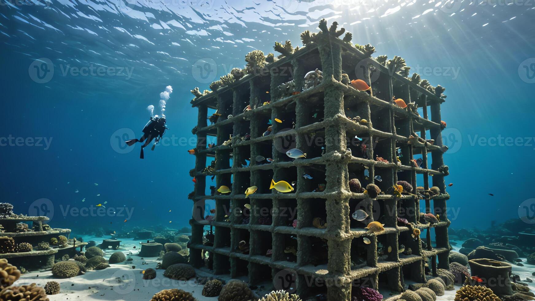 scuba divers are in the water near the wrecks of buildings and sunken objects photo