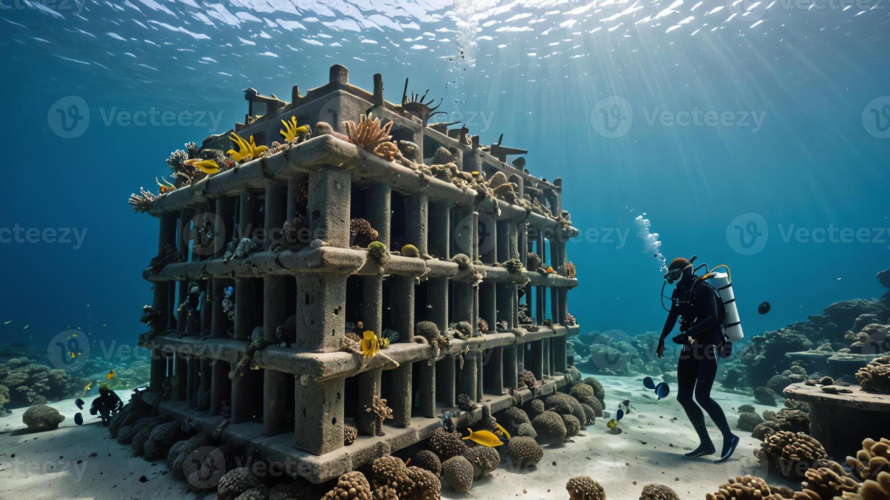scuba divers are in the water near the wrecks of buildings and sunken objects photo