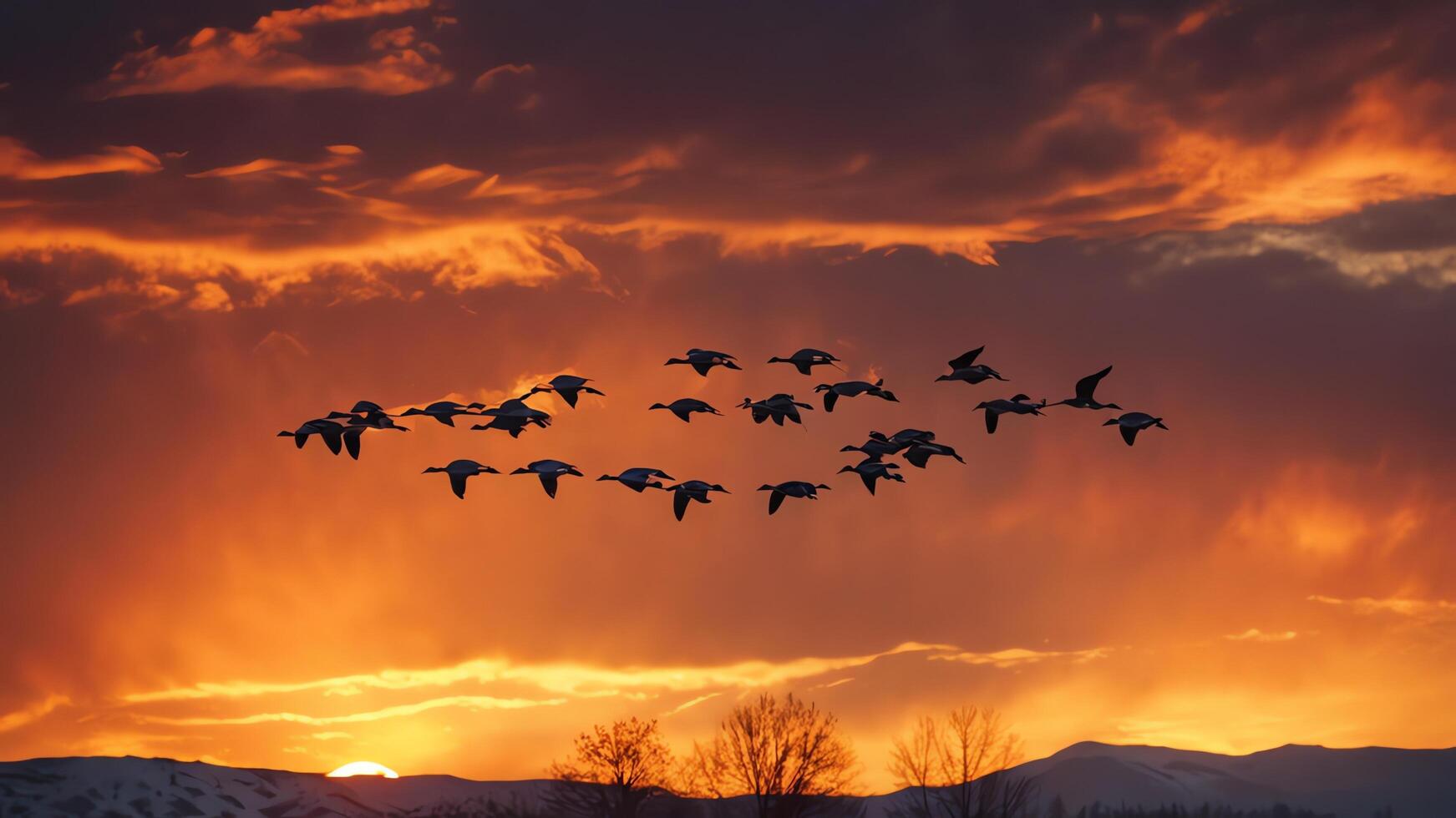 a flock of geese flying over a mountain at sunset photo