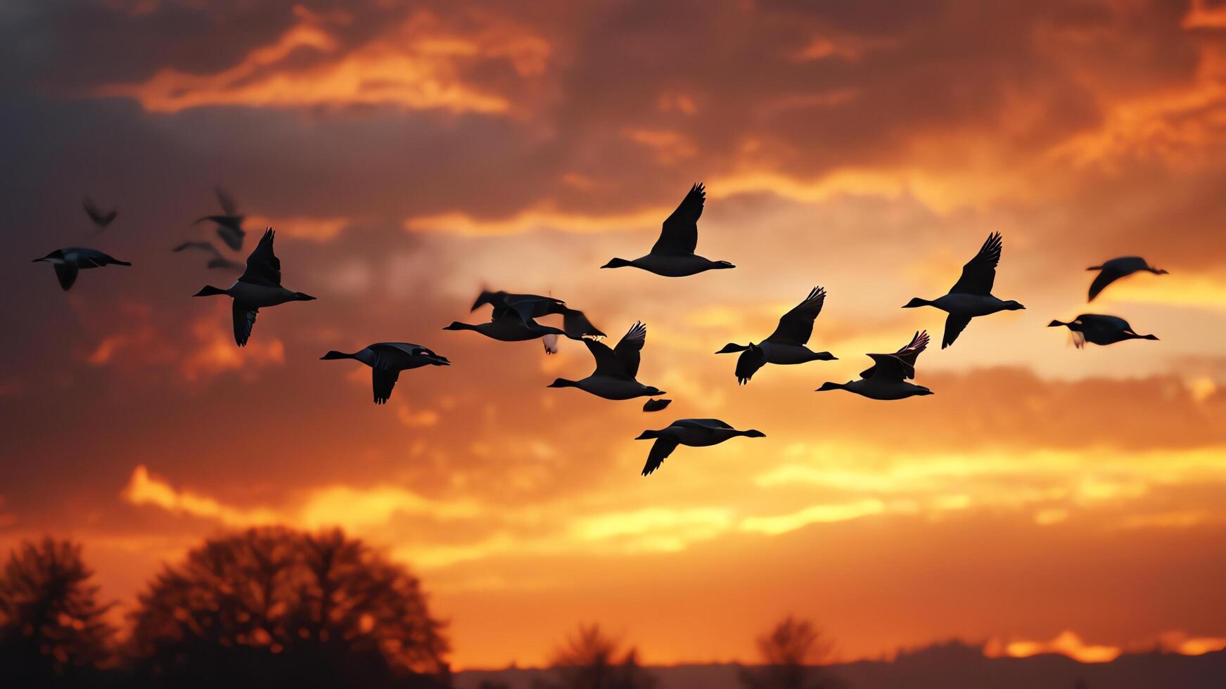 a flock of birds flying in the sky at sunset photo