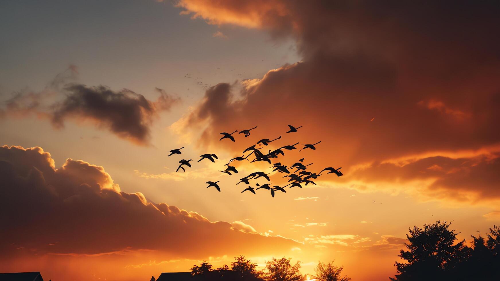 a flock of birds flying in the sky at sunset photo