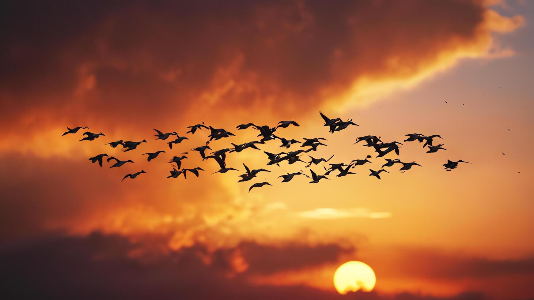 a flock of birds flying in the sky at sunset photo