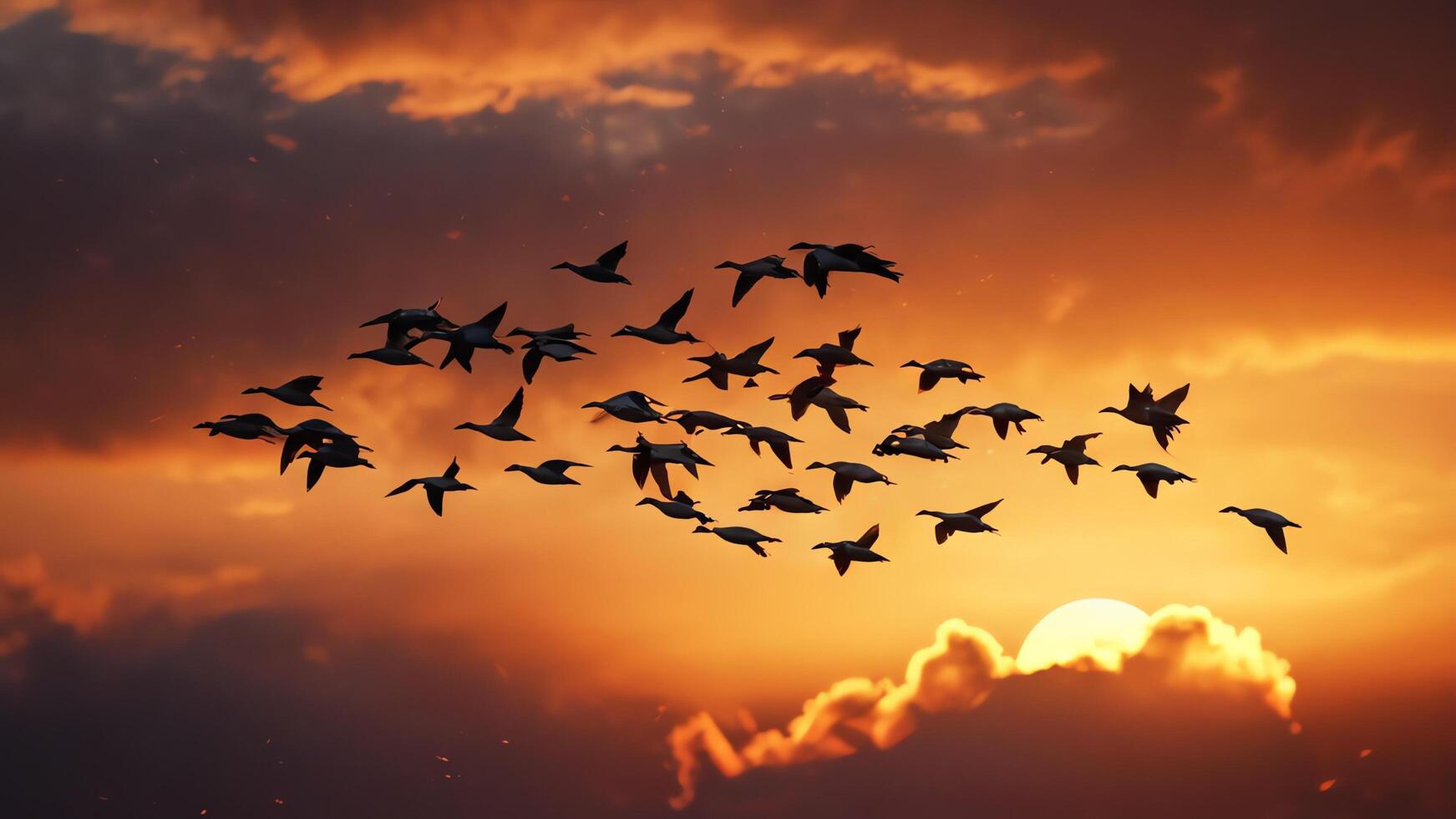 a flock of birds flying in the sky at sunset photo