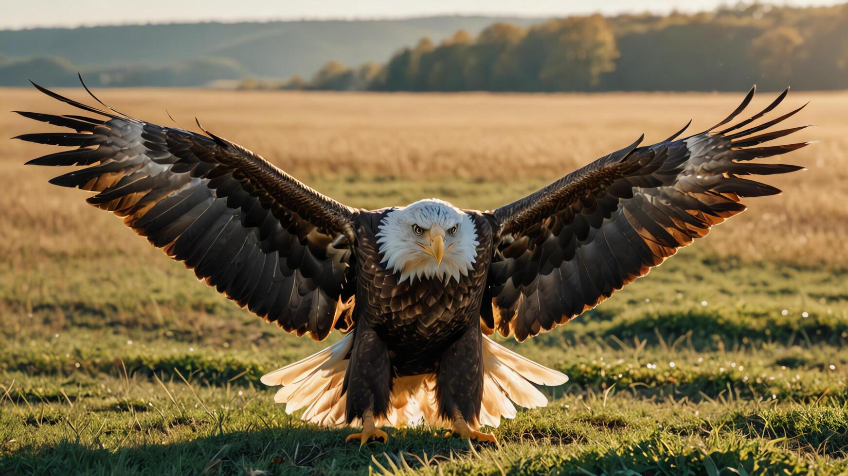 an eagle spreads its wings in the field photo