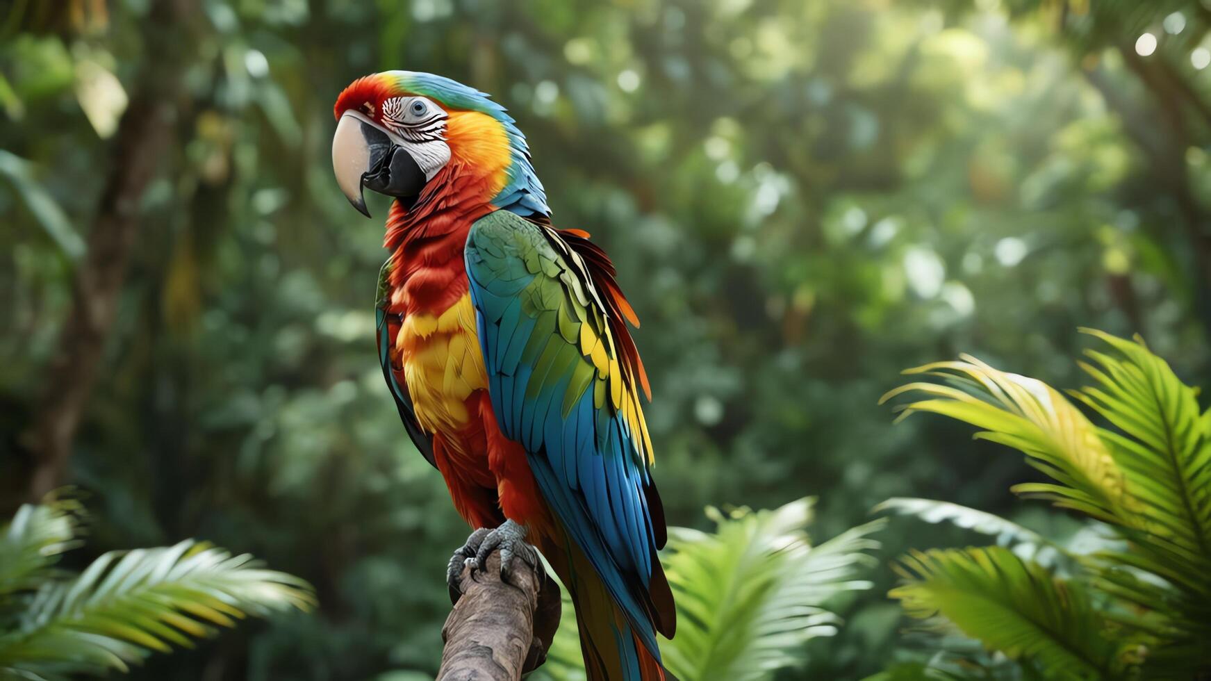 a colorful parrot is sitting on a branch in the jungle photo