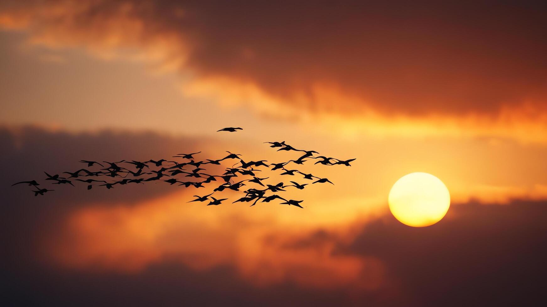 a flock of birds flying in the sky at sunset photo