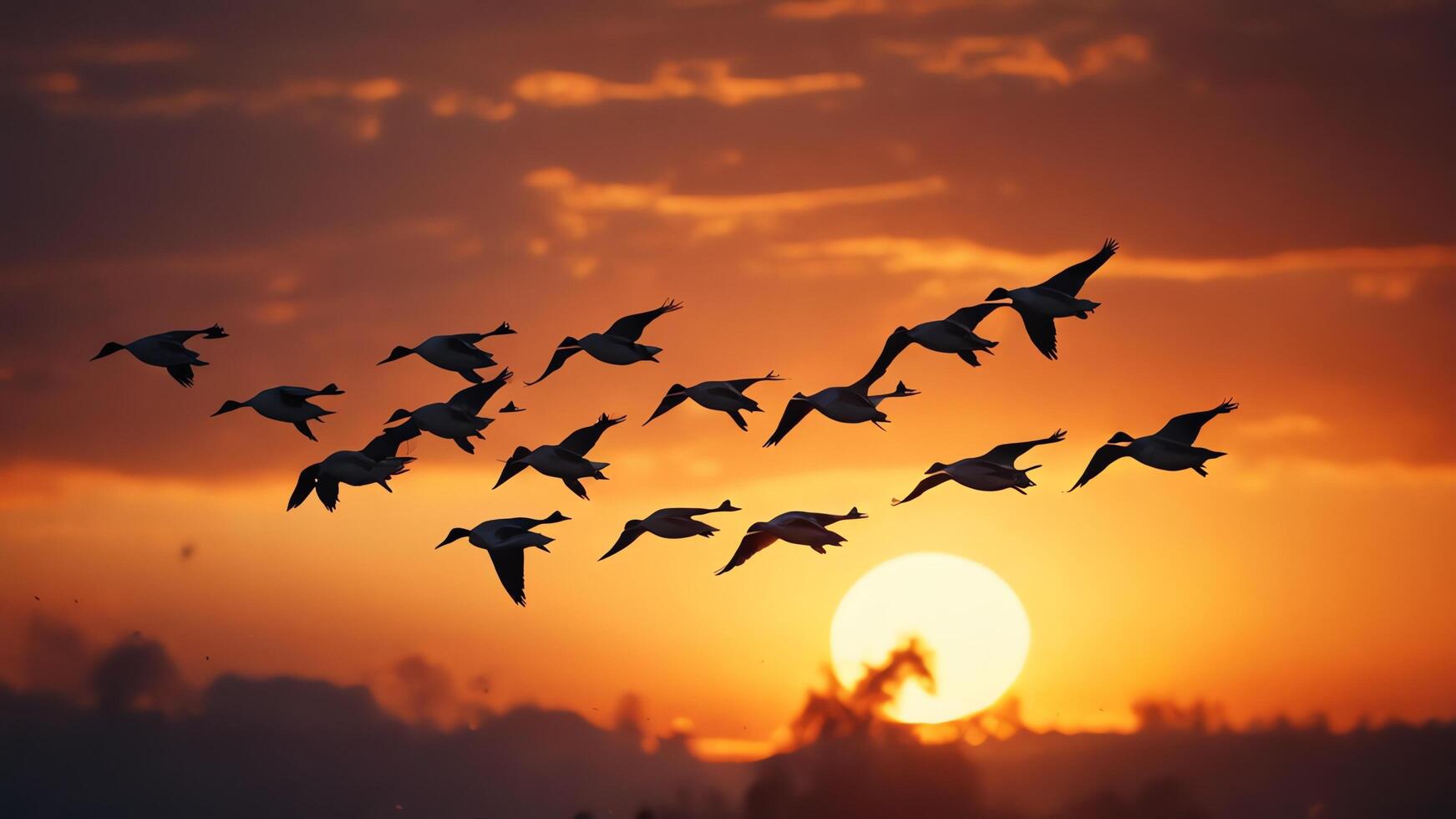 a flock of birds flying in the sky at sunset photo