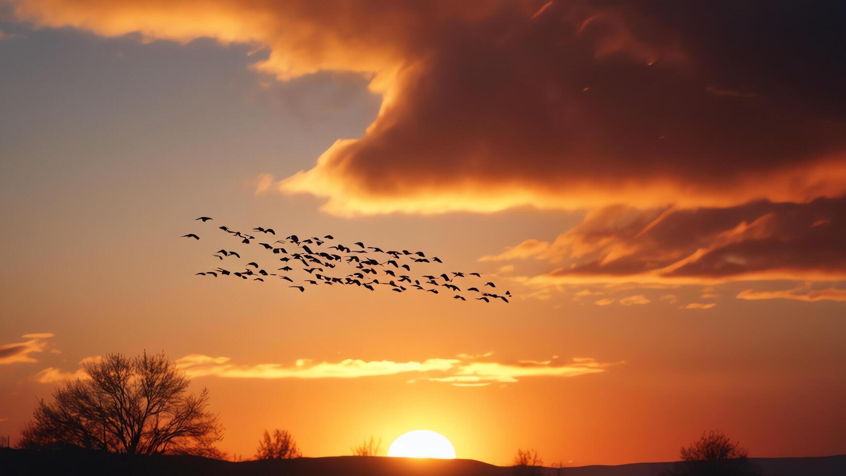 a flock of birds flying in the sky at sunset photo
