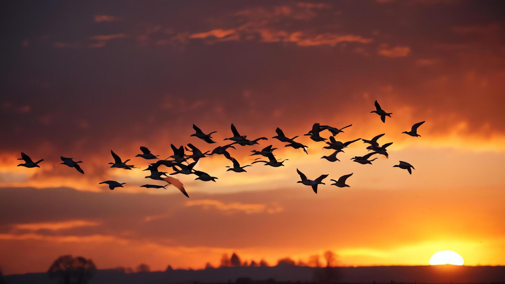 a flock of birds flying in the sky at sunset photo