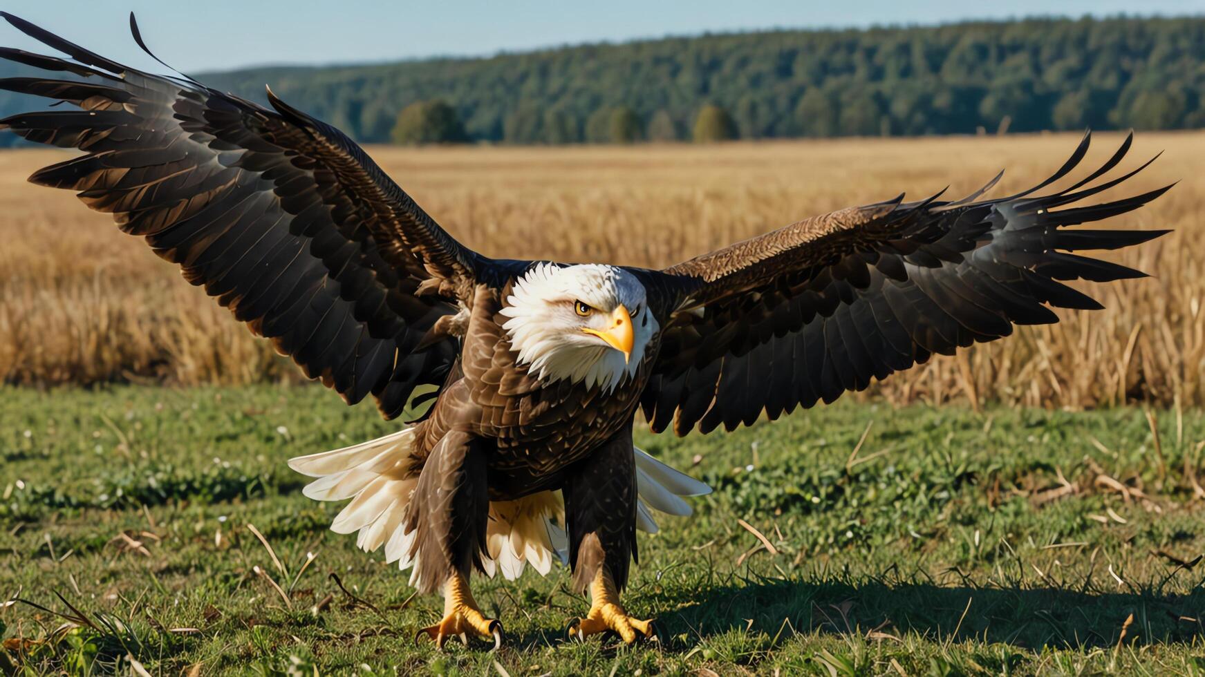 a bald eagle spreads its wings in the grass photo
