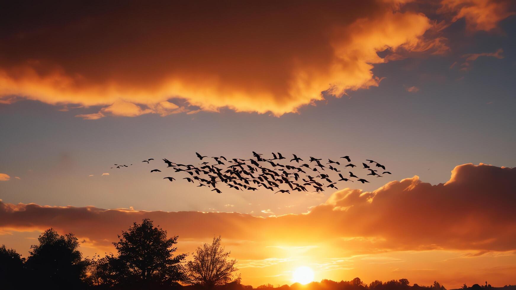 a flock of birds flying in the sky at sunset photo