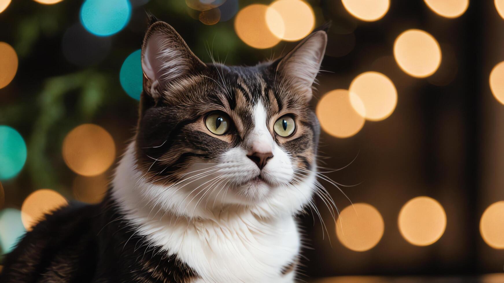 a cat sitting in front of a christmas tree photo