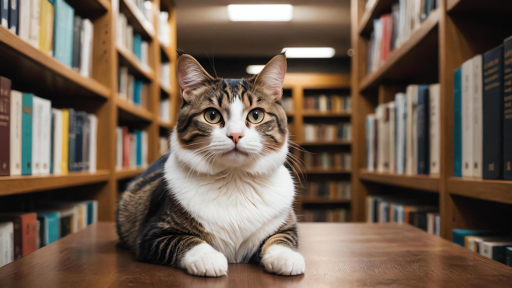 cat sitting on a table in front of bookshelves photo