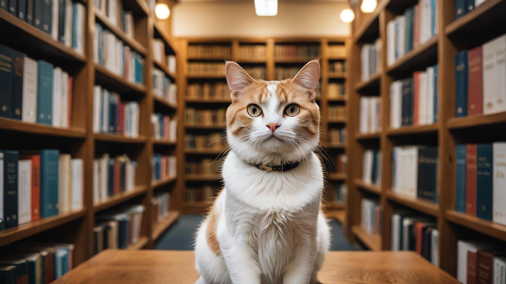 cat sitting on a table in front of bookshelves photo