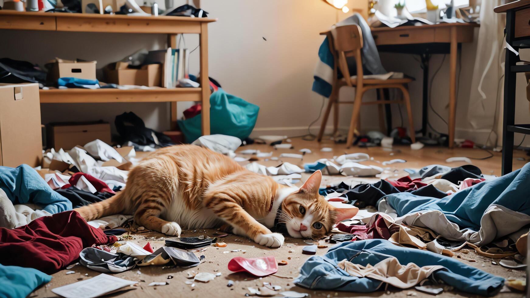 a cat laying on a messy floor surrounded by clothes photo