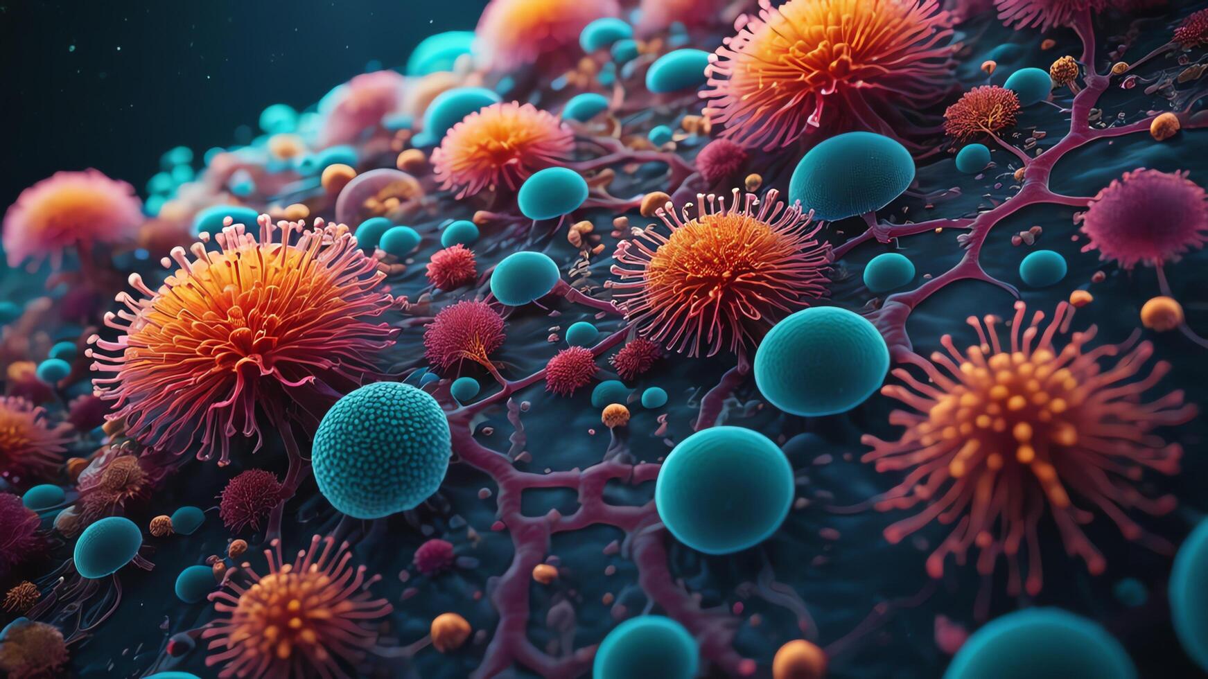 Abstract colorful microscopic structure of cells, neurons, veins, splash, circulation lines, microorganisms, micro dimensions photo
