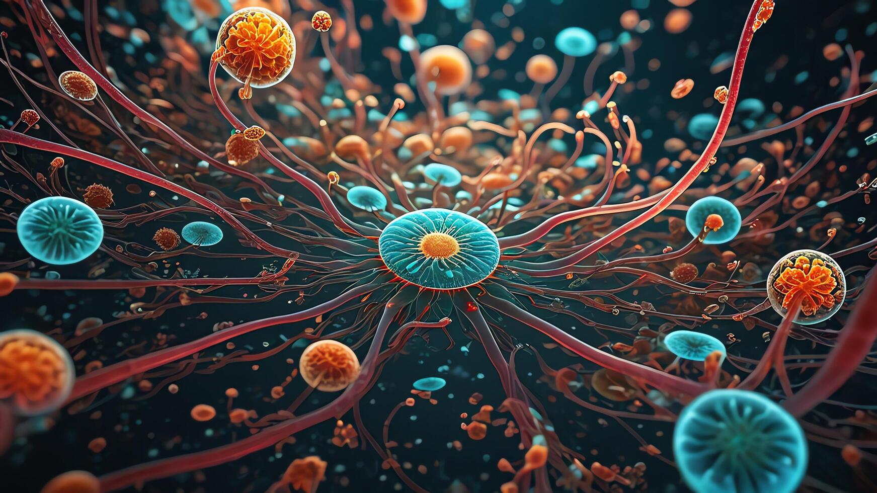 Abstract colorful microscopic structure of cells, neurons, veins, splash, circulation lines, microorganisms, micro dimensions photo