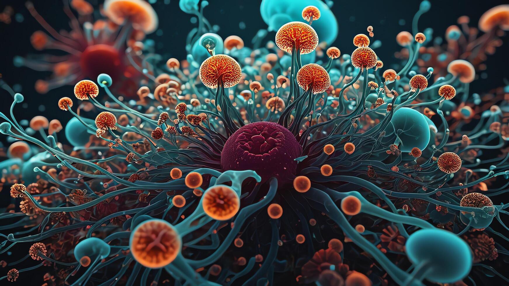 Abstract colorful microscopic structure of cells, neurons, veins, splash, circulation lines, microorganisms, micro dimensions photo