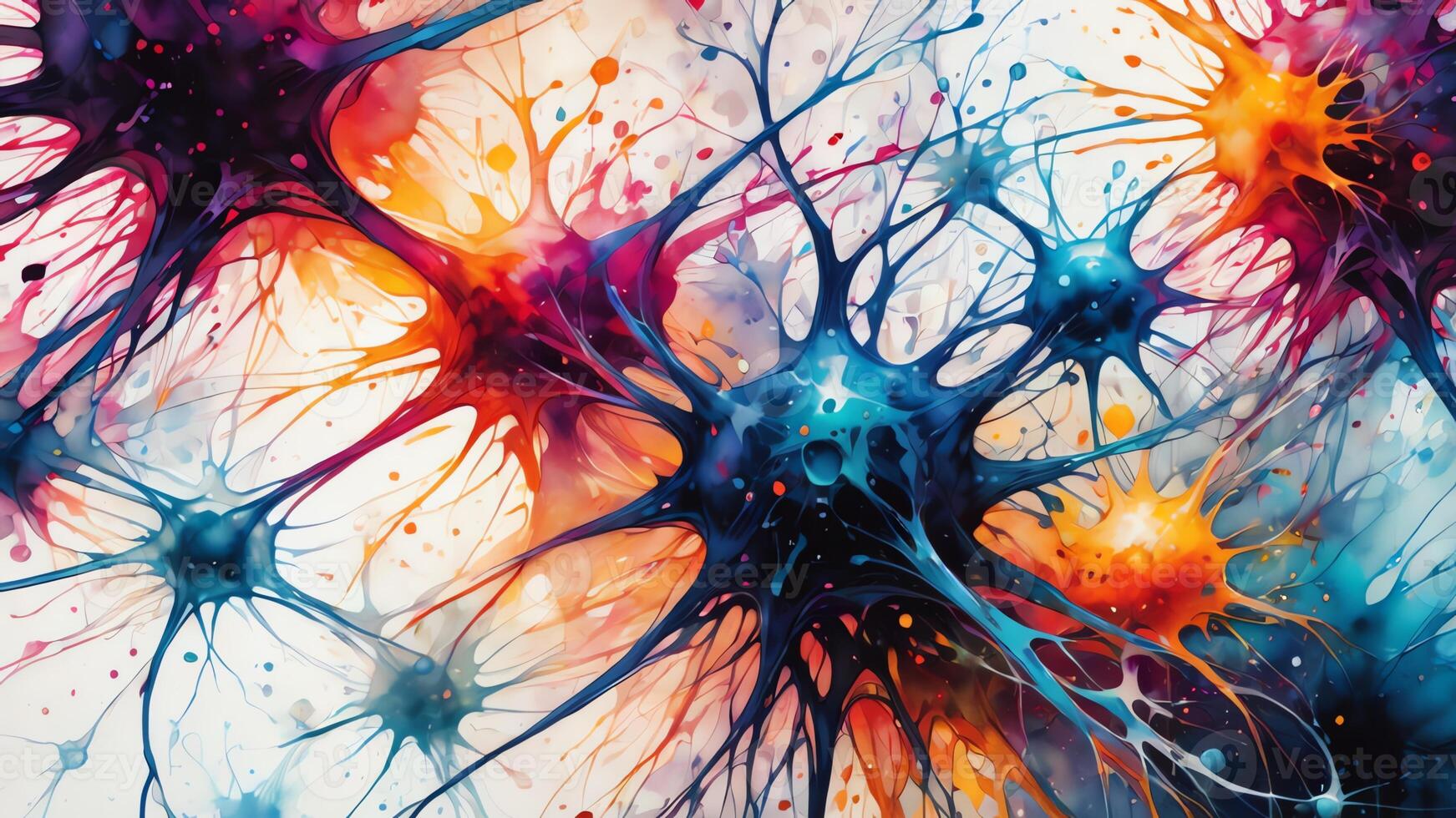 Abstract colorful microscopic structure of cells, neurons, veins, splash, circulation lines, microorganisms, micro dimensions photo