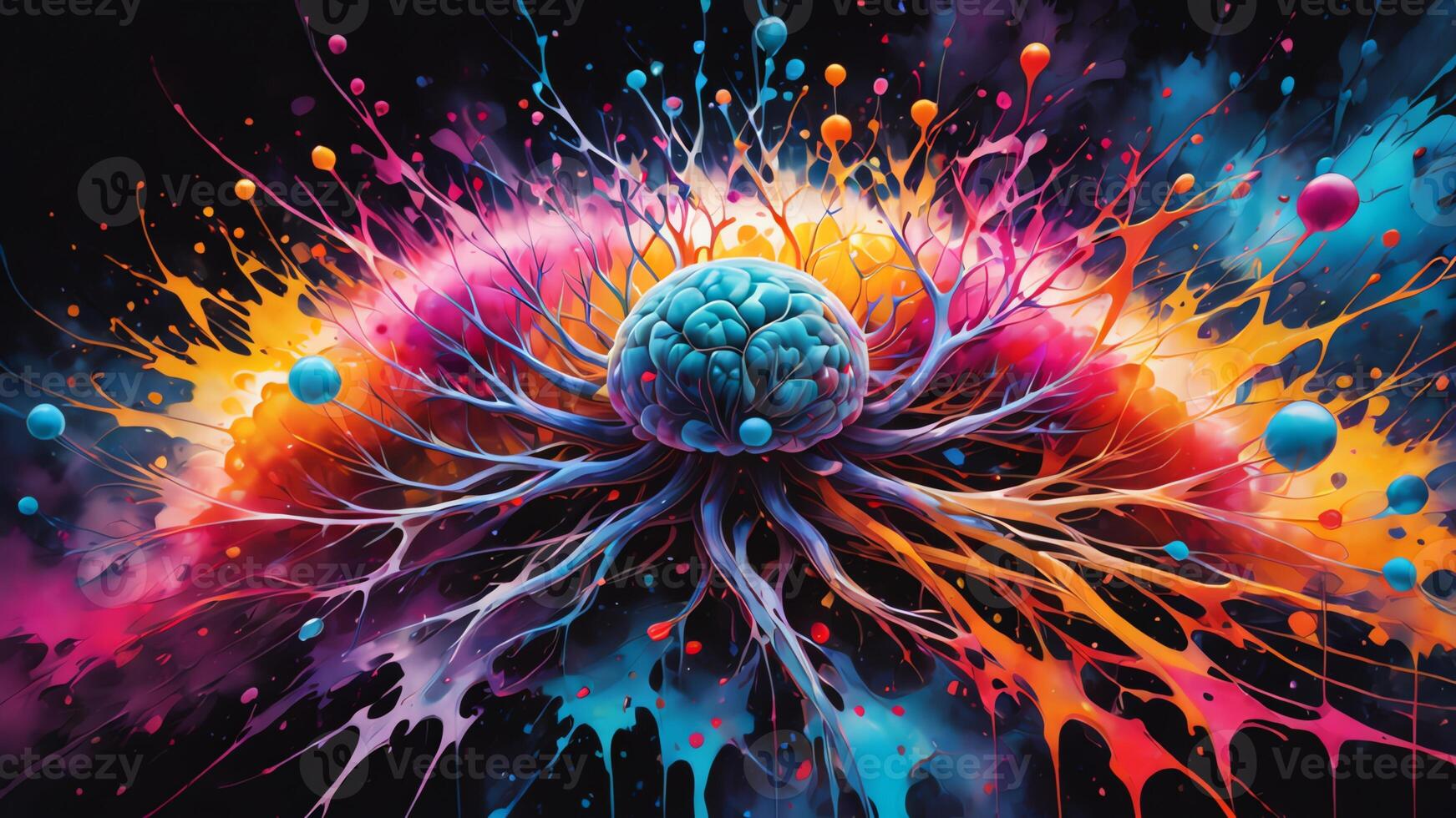 Abstract colorful microscopic structure of cells, neurons, veins, splash, circulation lines, microorganisms, micro dimensions photo