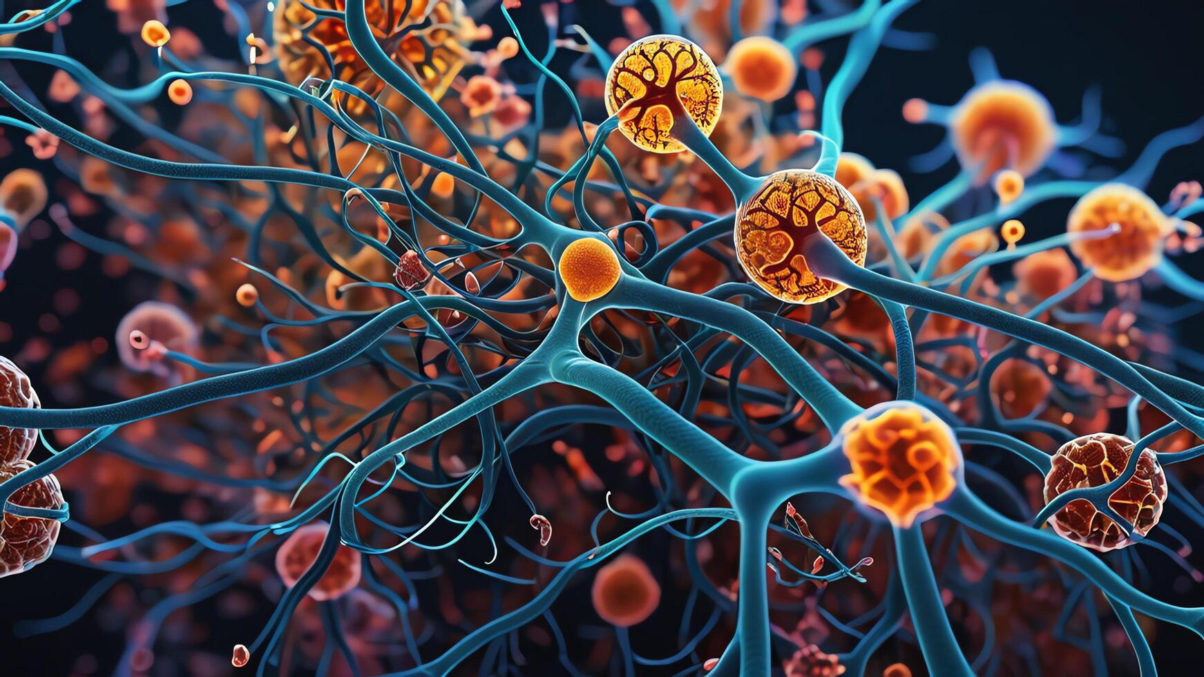 Abstract colorful microscopic structure of cells, neurons, veins, splash, circulation lines, microorganisms, micro dimensions photo