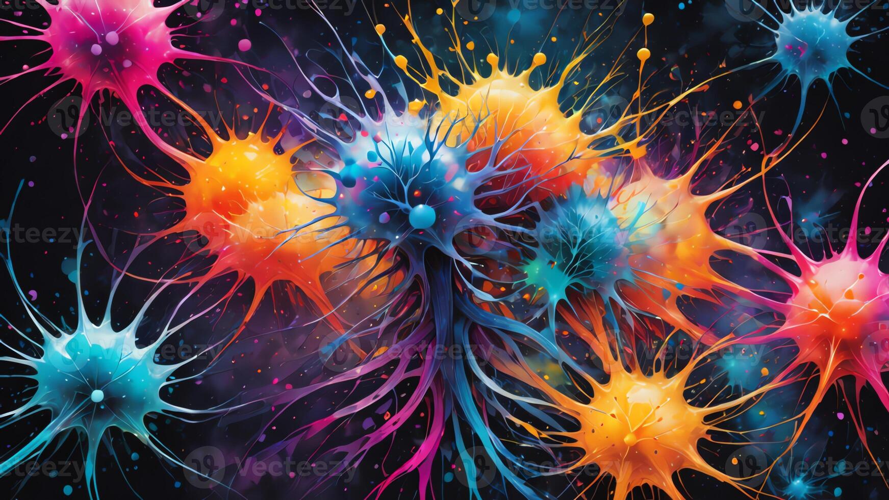 Abstract colorful microscopic structure of cells, neurons, veins, splash, circulation lines, microorganisms, micro dimensions photo