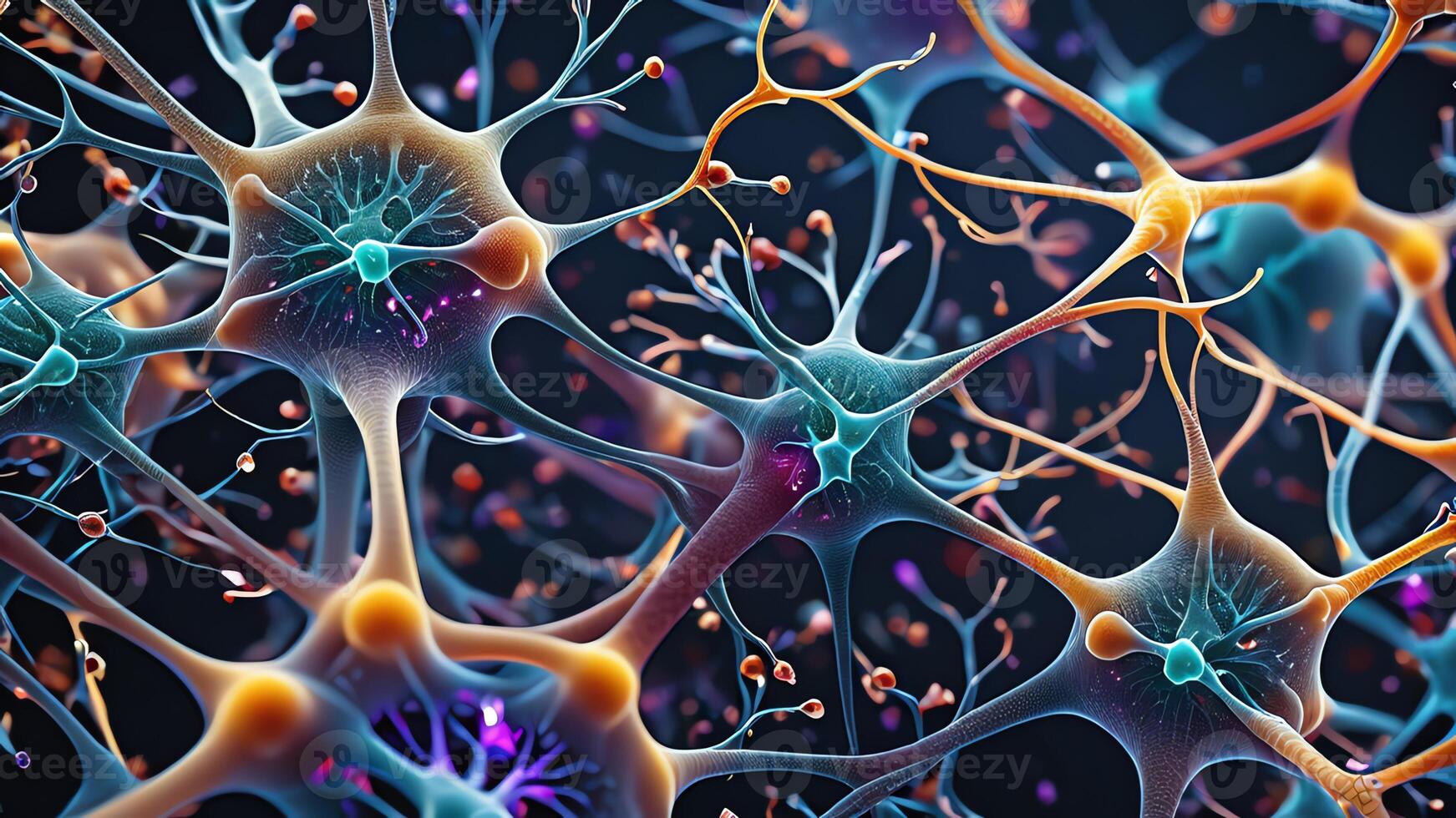 Abstract colorful microscopic structure of cells, neurons, veins, splash, circulation lines, microorganisms, micro dimensions photo