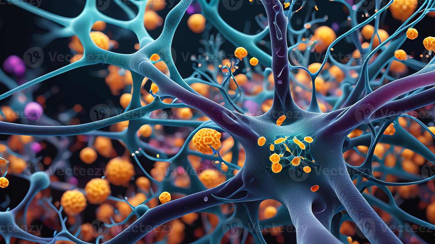 Abstract colorful microscopic structure of cells, neurons, veins, splash, circulation lines, microorganisms, micro dimensions photo