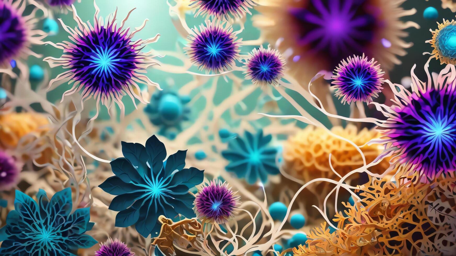 Abstract colorful microscopic structure of cells, neurons, veins, splash, circulation lines, microorganisms, micro dimensions photo