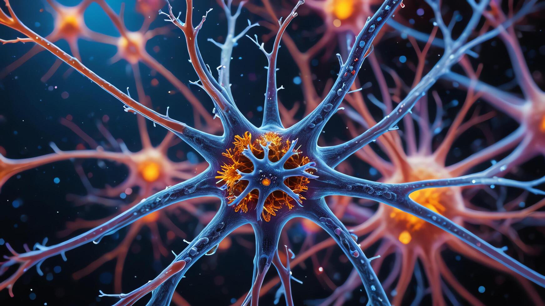 Abstract colorful microscopic structure of cells, neurons, veins, splash, circulation lines, microorganisms, micro dimensions photo