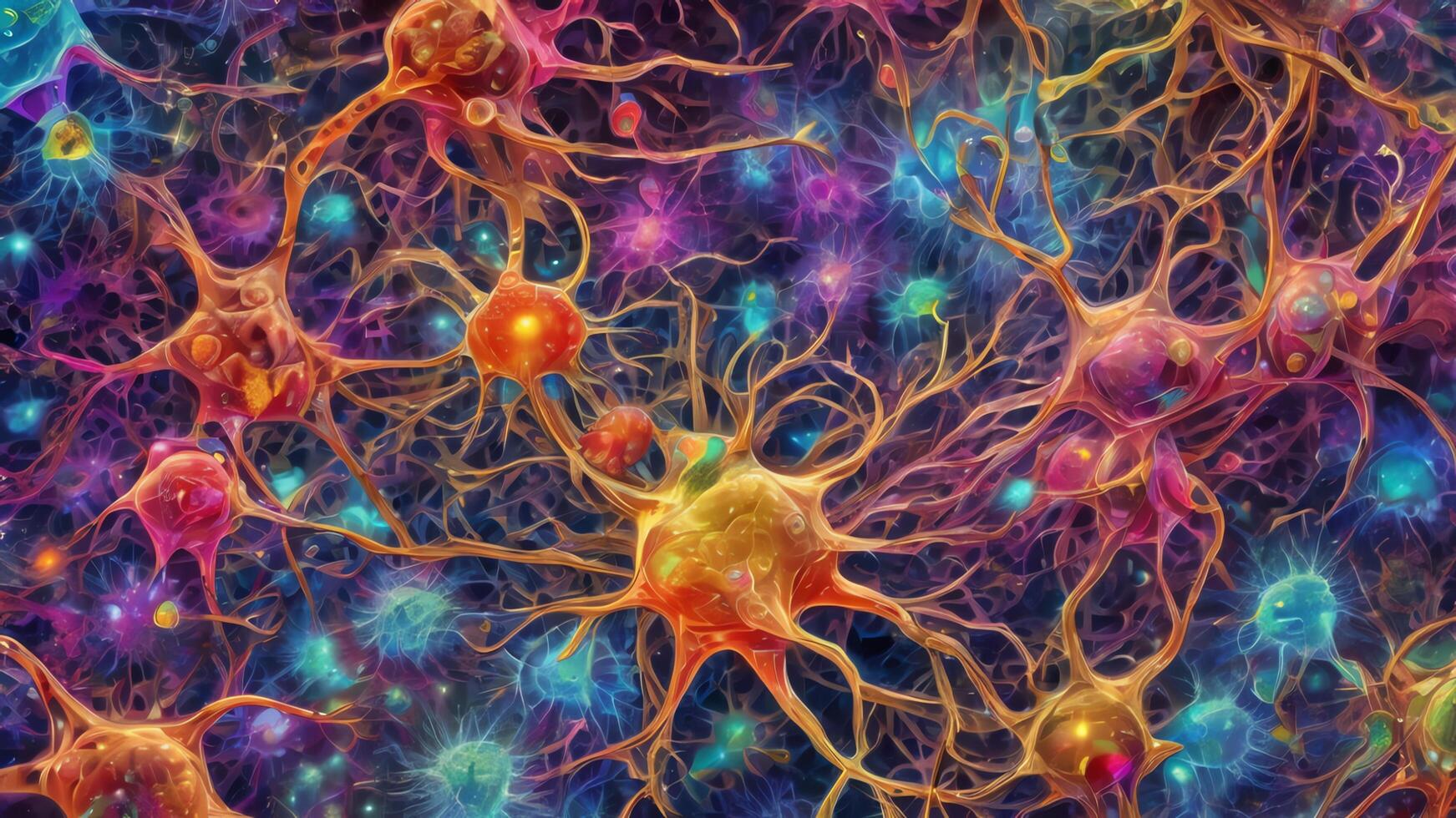 Abstract colorful microscopic structure of cells, neurons, veins, splash, circulation lines, microorganisms, micro dimensions photo